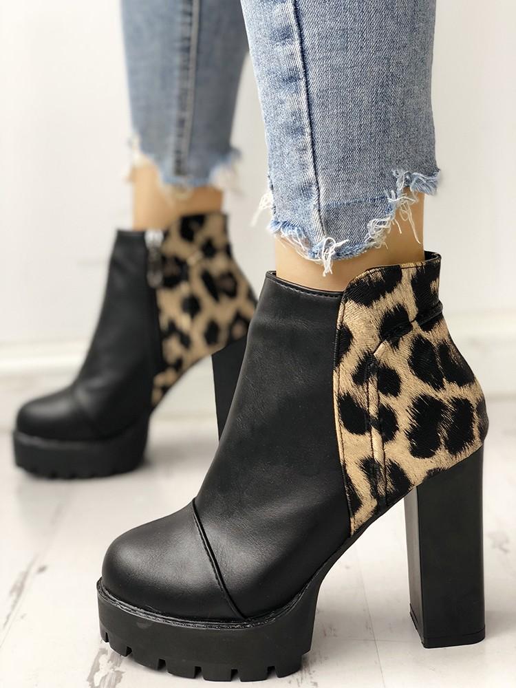 Leopard Insert Platform Chunky Heeled Ankle Boots - DadHats2ow6ix