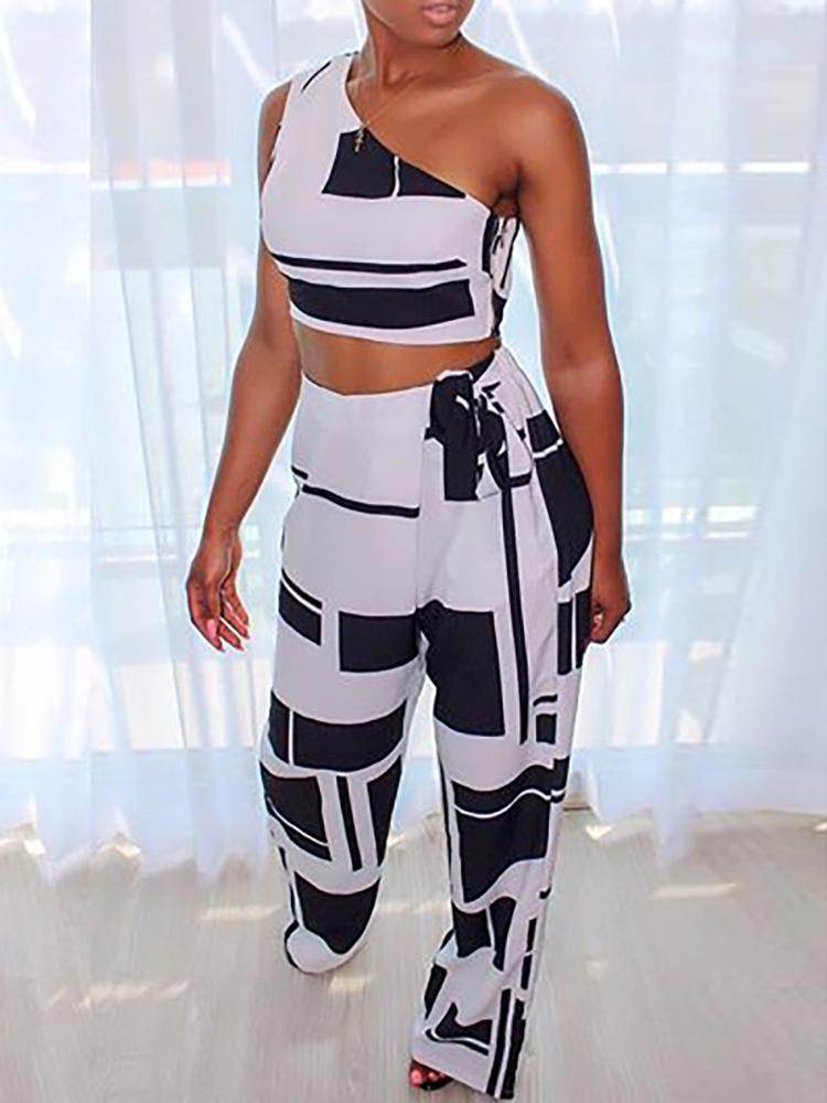 Colorblock One Shoulder Cropped Wide Pants Set - DadHats2ow6ix