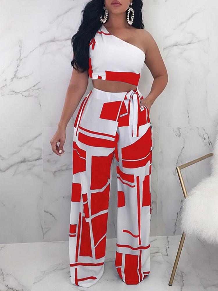 Colorblock One Shoulder Cropped Wide Pants Set - DadHats2ow6ix