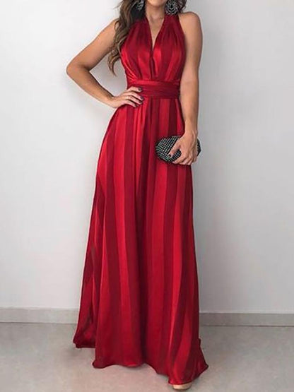 Gradient Stripes V-Neck Sleeveless Evening Dress - DadHats2ow6ix