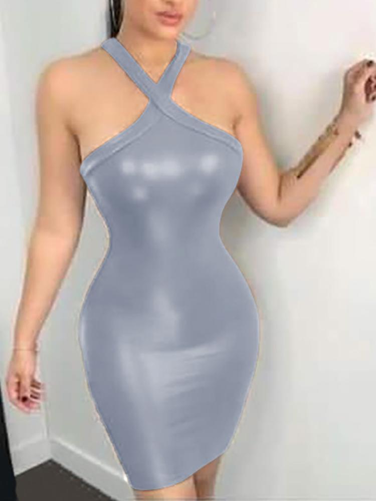 Halter Backless Skinny PU Dress - DadHats2ow6ix