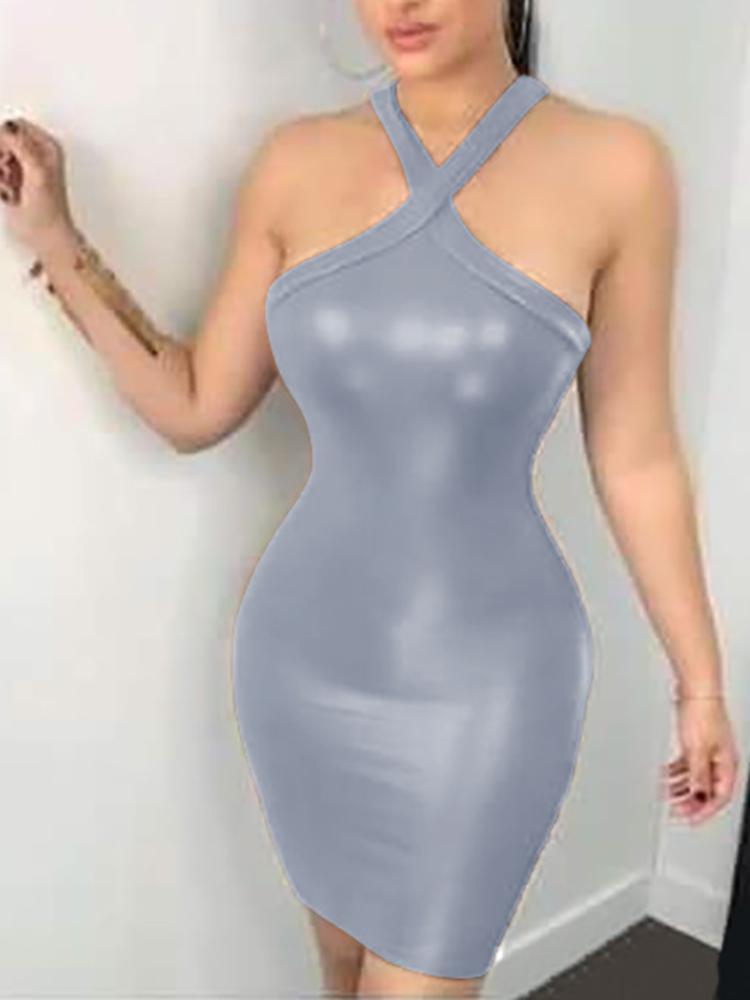 Halter Backless Skinny PU Dress - DadHats2ow6ix