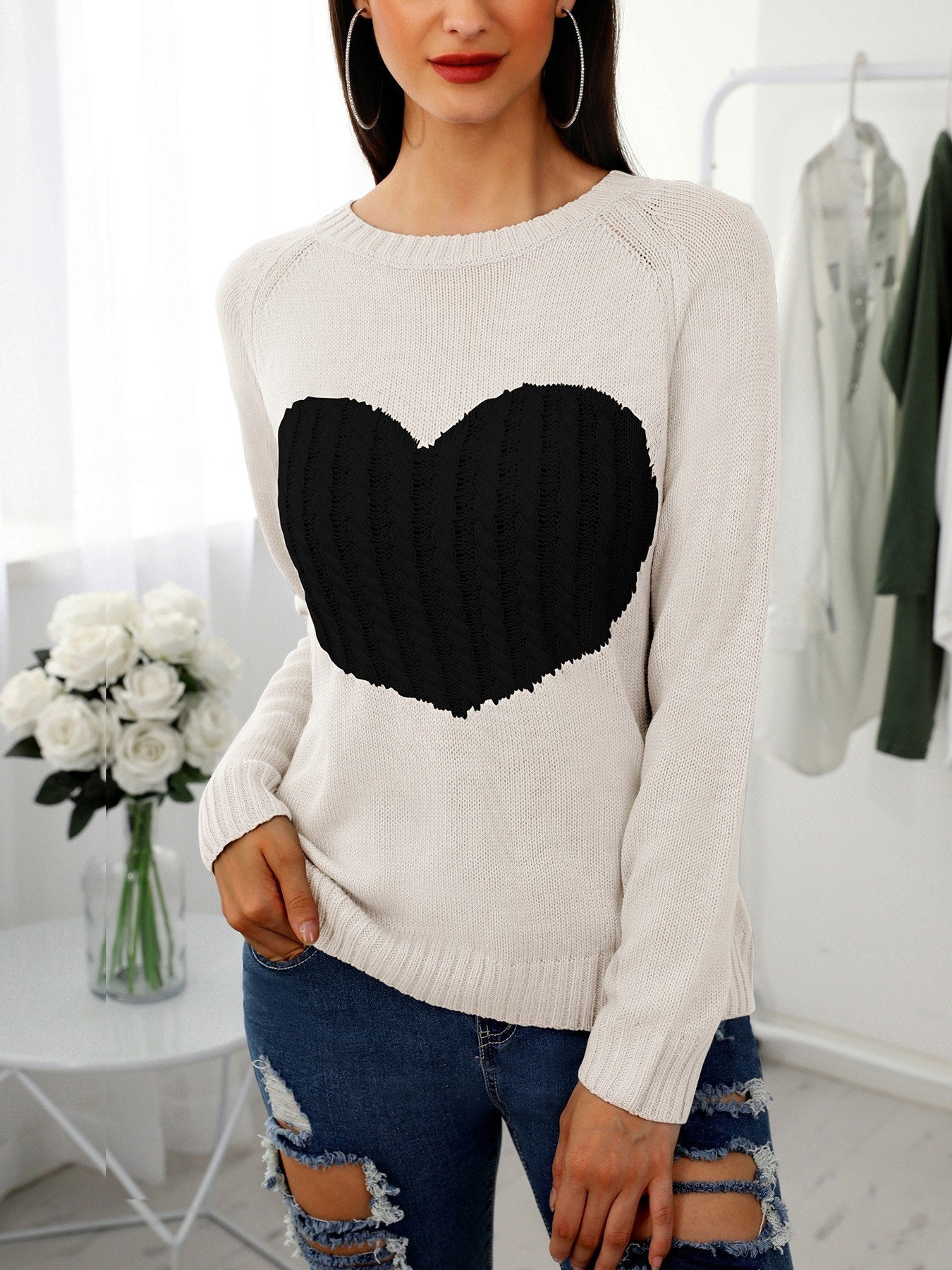 Heart Pattern Long Sleeve Casual Sweater - DadHats2ow6ix