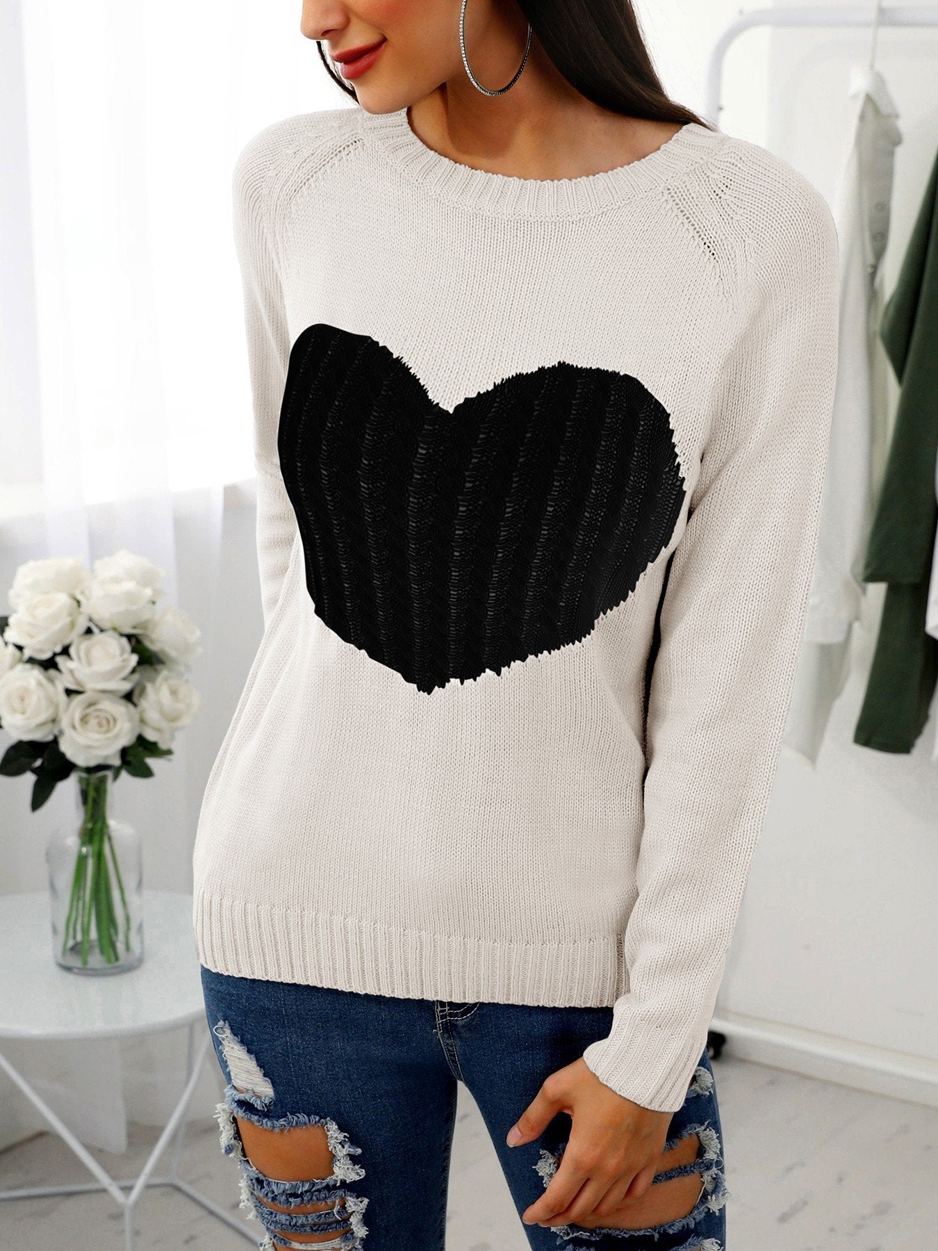 Heart Pattern Long Sleeve Casual Sweater - DadHats2ow6ix