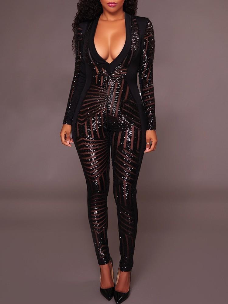 Sexy Deep V Sequined Skinny Jumpsuit - DadHats2ow6ix