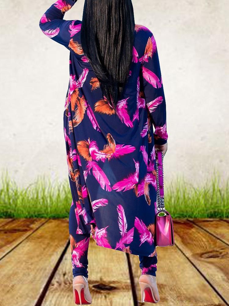 Feather Print Long Sleeve Coat With Pants - DadHats2ow6ix