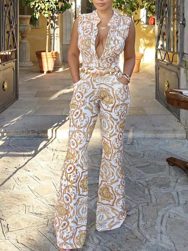 Retro Style Print Sleeveless Wide Leg Jumpsuit - DadHats2ow6ix