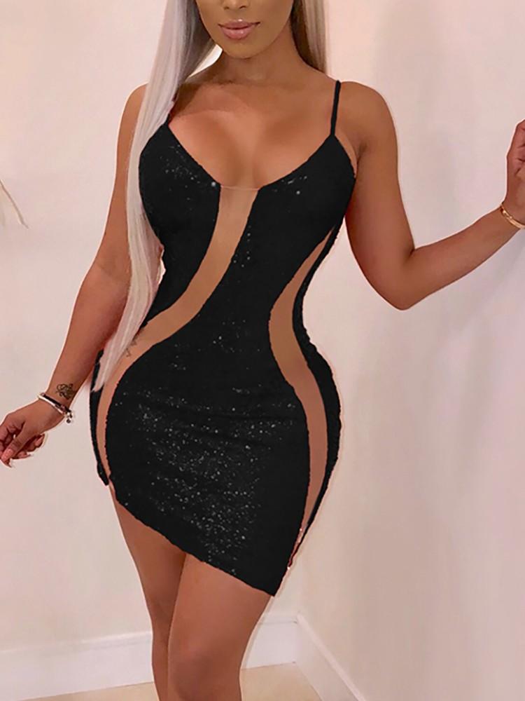 Mesh Splicing Bodycon Cami Sequin Dress - DadHats2ow6ix