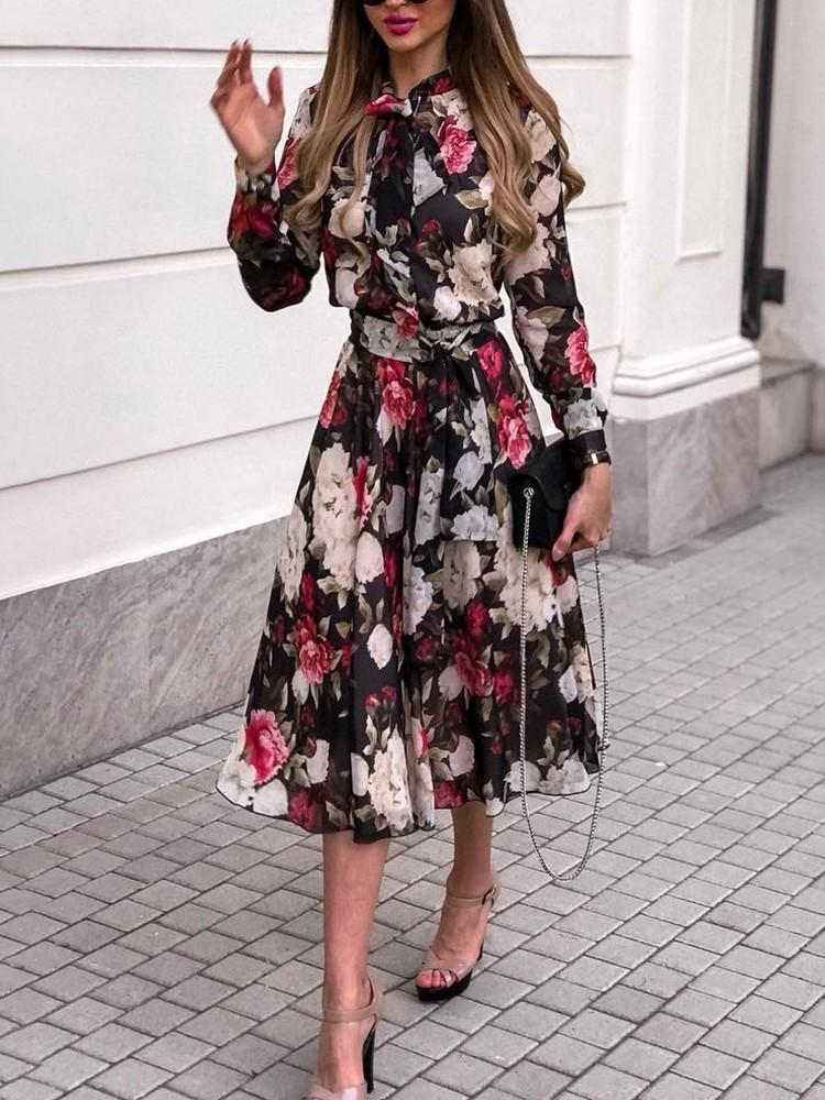 Floral Print Tie Neck Belted Chiffon Dress - DadHats2ow6ix