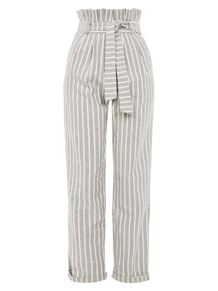 Striped Belted High Waist Roll Up Hem Pants - DadHats2ow6ix