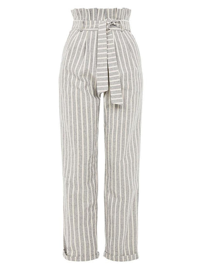 Striped Belted High Waist Roll Up Hem Pants - DadHats2ow6ix