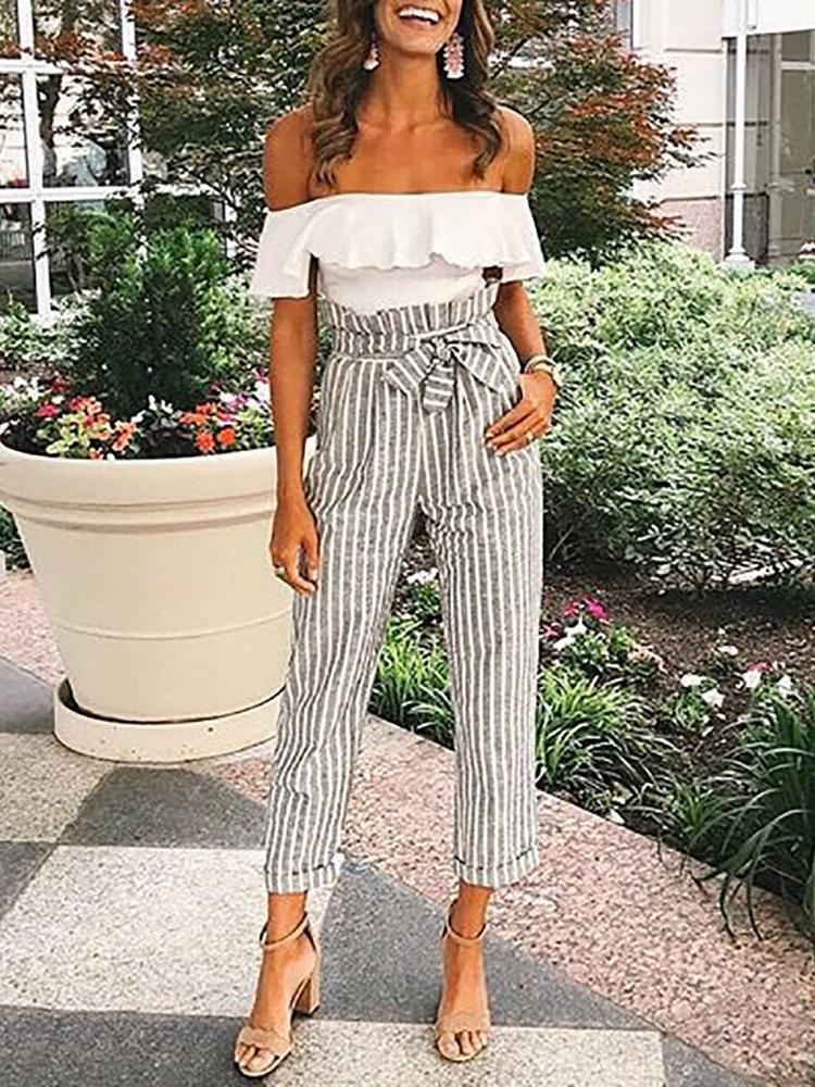 Striped Belted High Waist Roll Up Hem Pants - DadHats2ow6ix