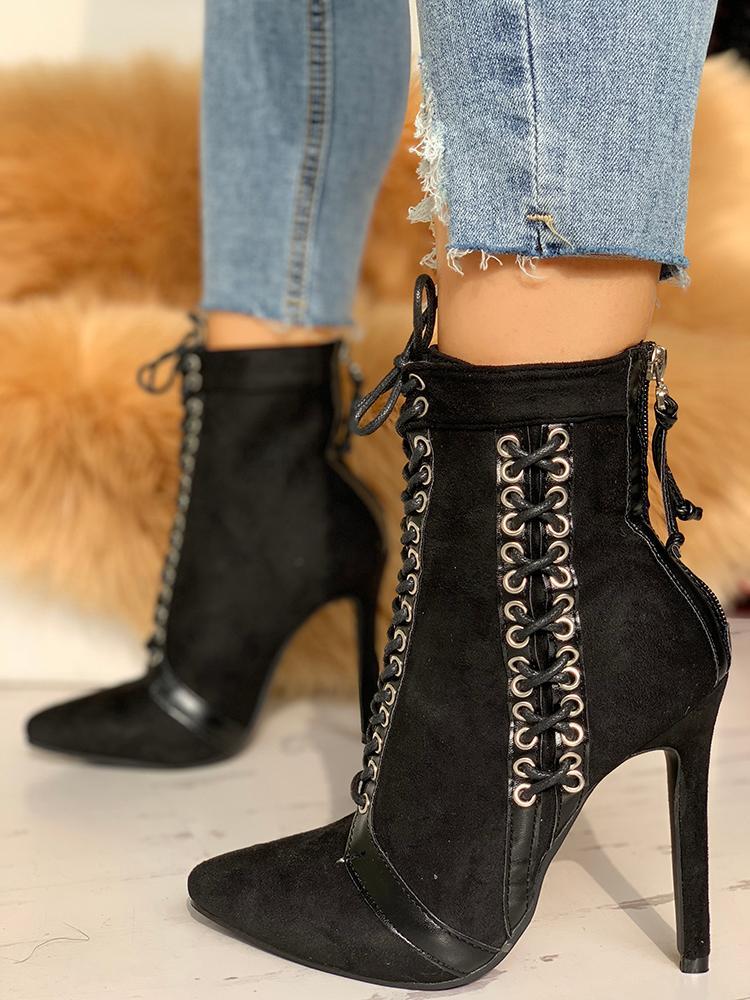 Lace-Up Eyelet Thin Heeled Boots - DadHats2ow6ix