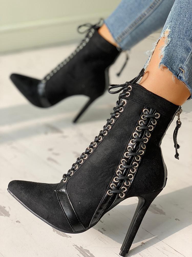 Lace-Up Eyelet Thin Heeled Boots - DadHats2ow6ix