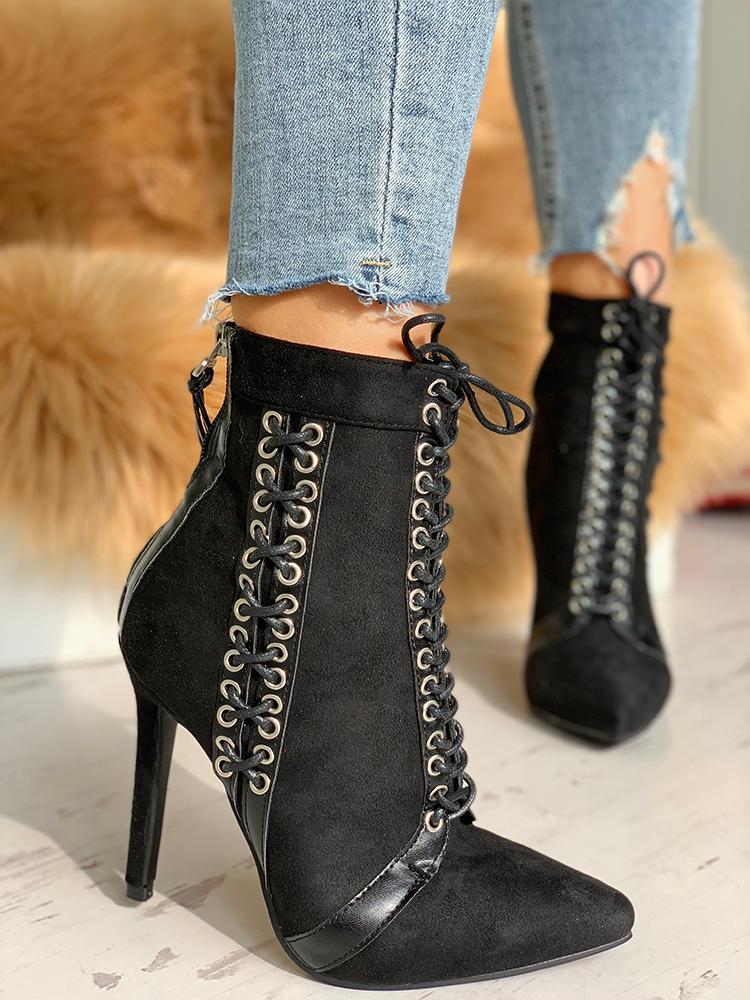 Lace-Up Eyelet Thin Heeled Boots - DadHats2ow6ix