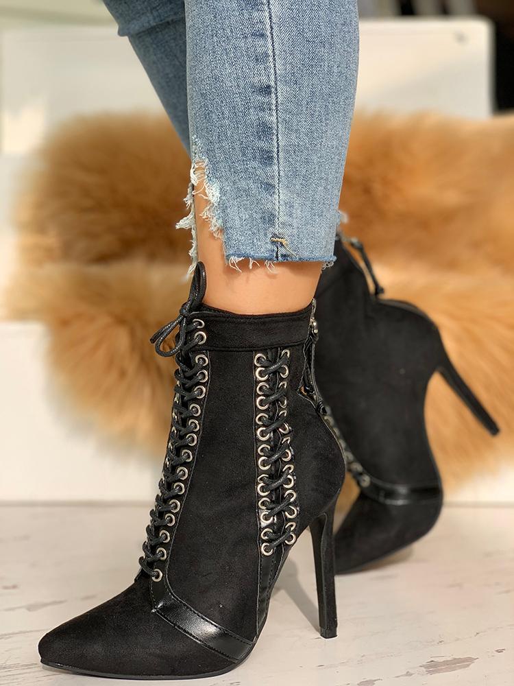 Lace-Up Eyelet Thin Heeled Boots - DadHats2ow6ix