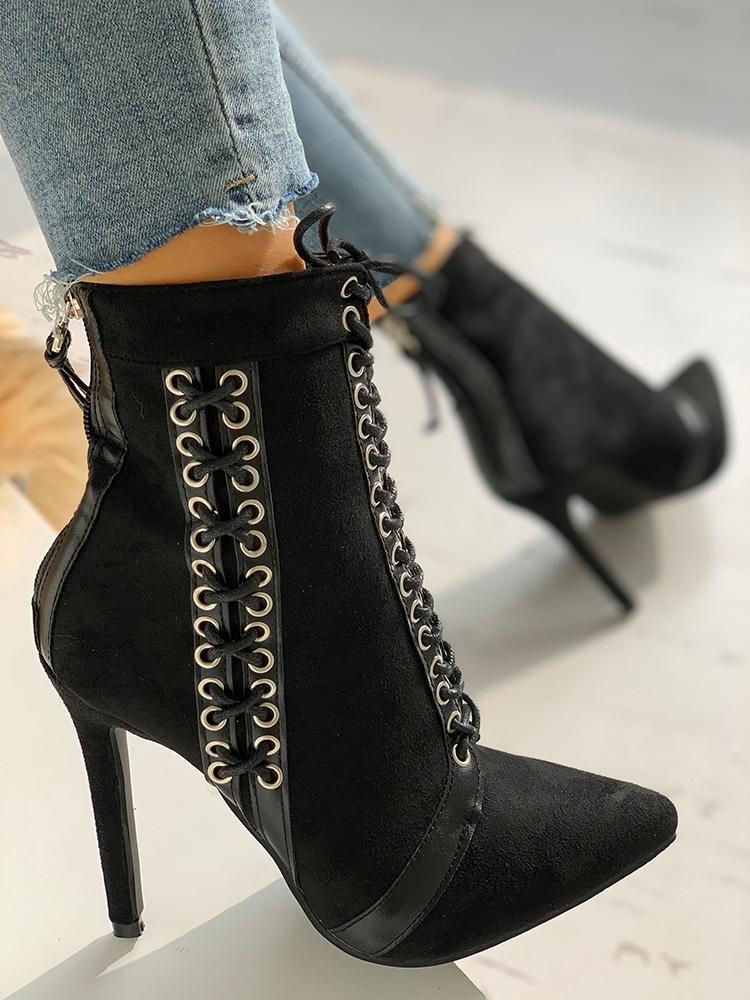 Lace-Up Eyelet Thin Heeled Boots - DadHats2ow6ix