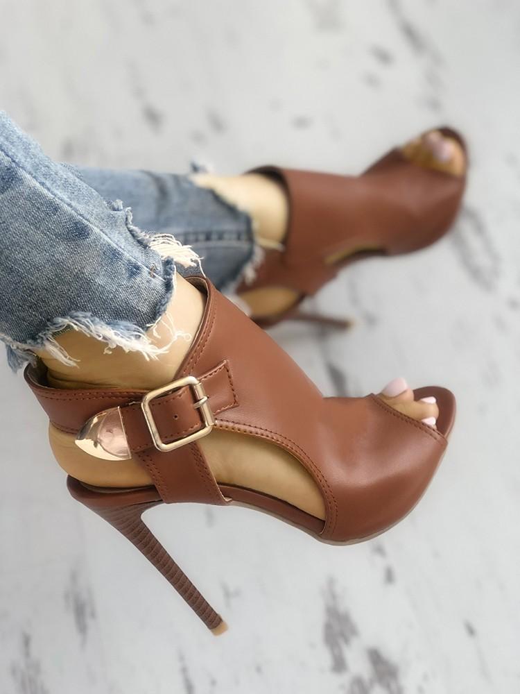 Peep Toe Cut Out Buckled Thin Heeled Sandals - DadHats2ow6ix