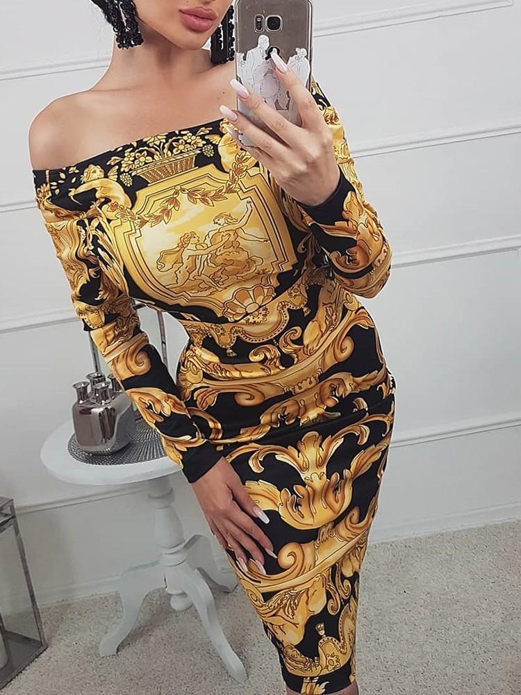 Print Off Shoulder Open Back Bodycon Dress - DadHats2ow6ix