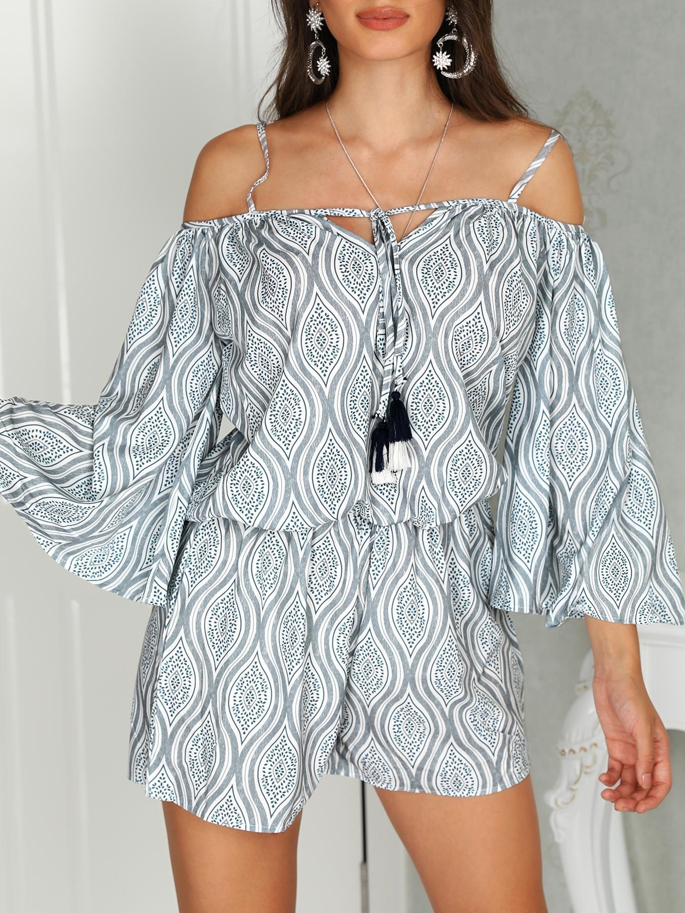 Ethnic Print Cold Shoulder Flared Sleeve Rompers - DadHats2ow6ix