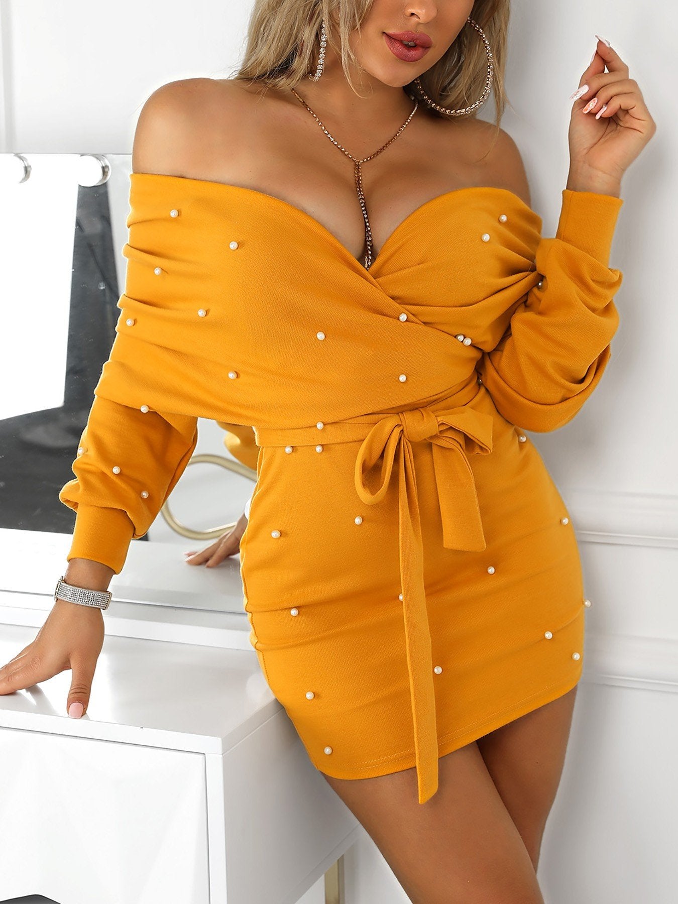 Beading Embellished Off Shoulder Belted Dress - DadHats2ow6ix