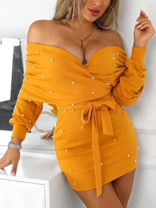 Beading Embellished Off Shoulder Belted Dress - DadHats2ow6ix