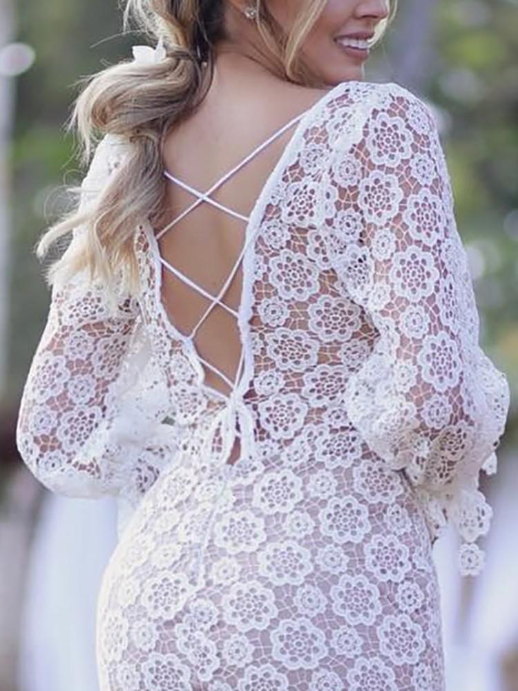 Crochet Lace Lace Up Back Fishtail Midi Dress - DadHats2ow6ix