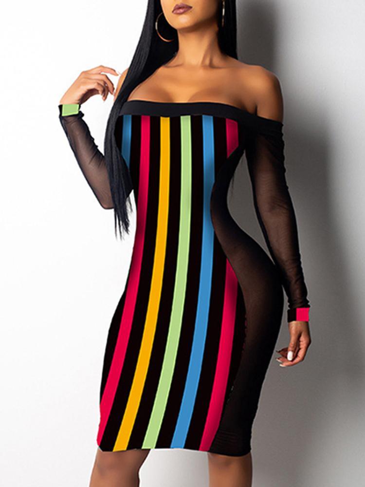 Colorful Stripes Sheer Mesh Splicing Dress - DadHats2ow6ix