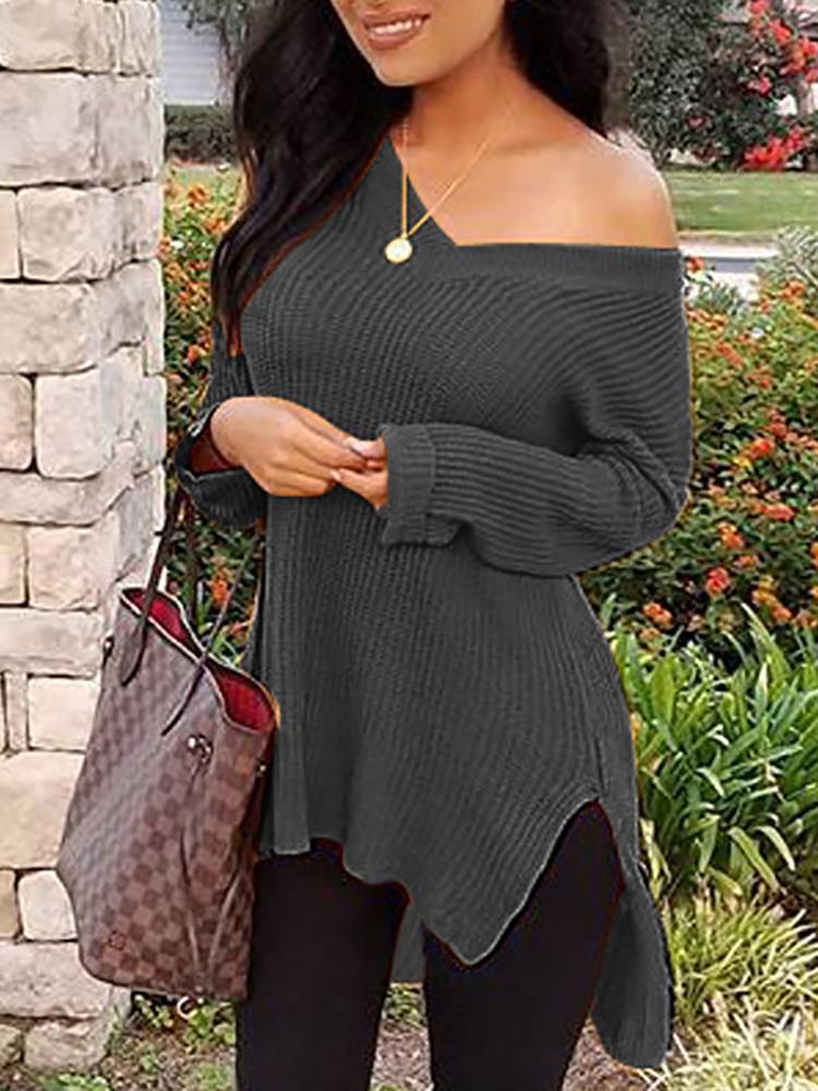 Solid Long Sleeve Side Slit Dip Hem Sweater - DadHats2ow6ix