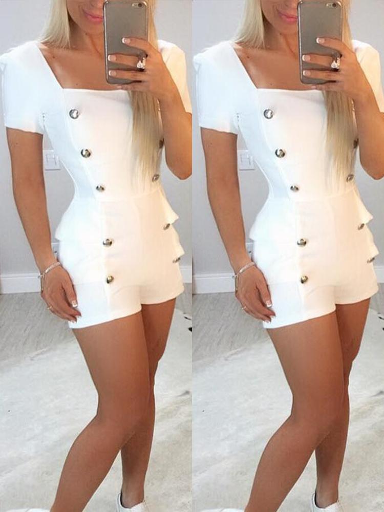 Double-Breasted Short Sleeve White Romper - DadHats2ow6ix