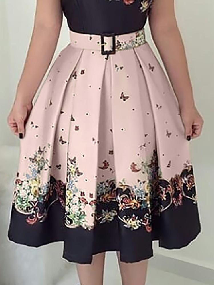 Butterfly Print Short Sleeve Belted Pleated Dress - DadHats2ow6ix