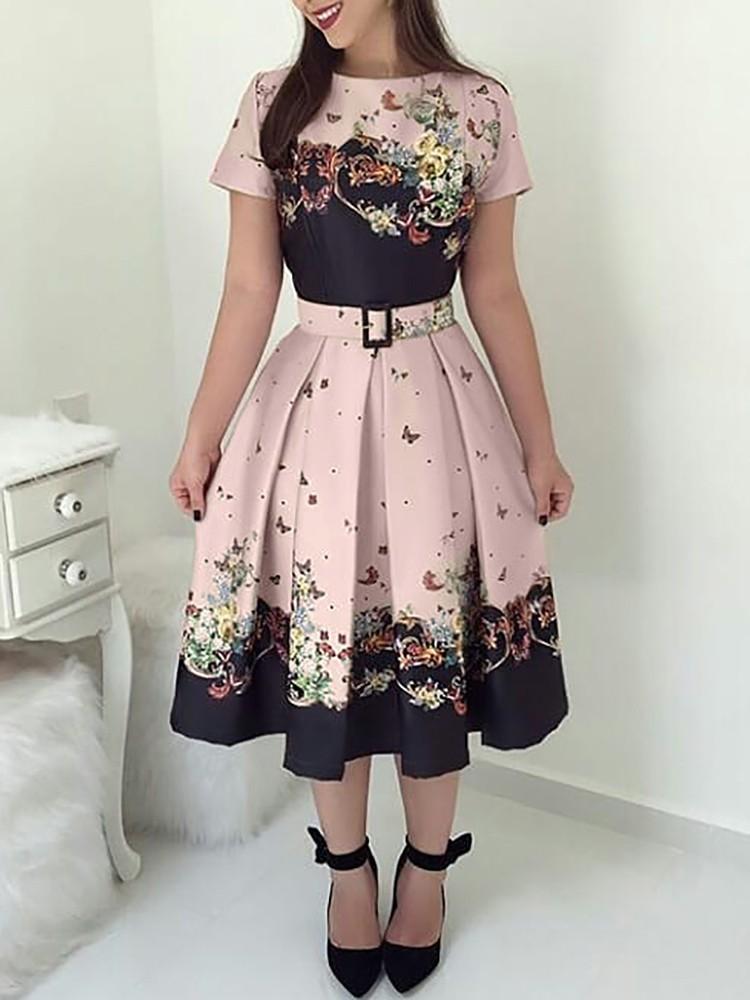 Butterfly Print Short Sleeve Belted Pleated Dress - DadHats2ow6ix