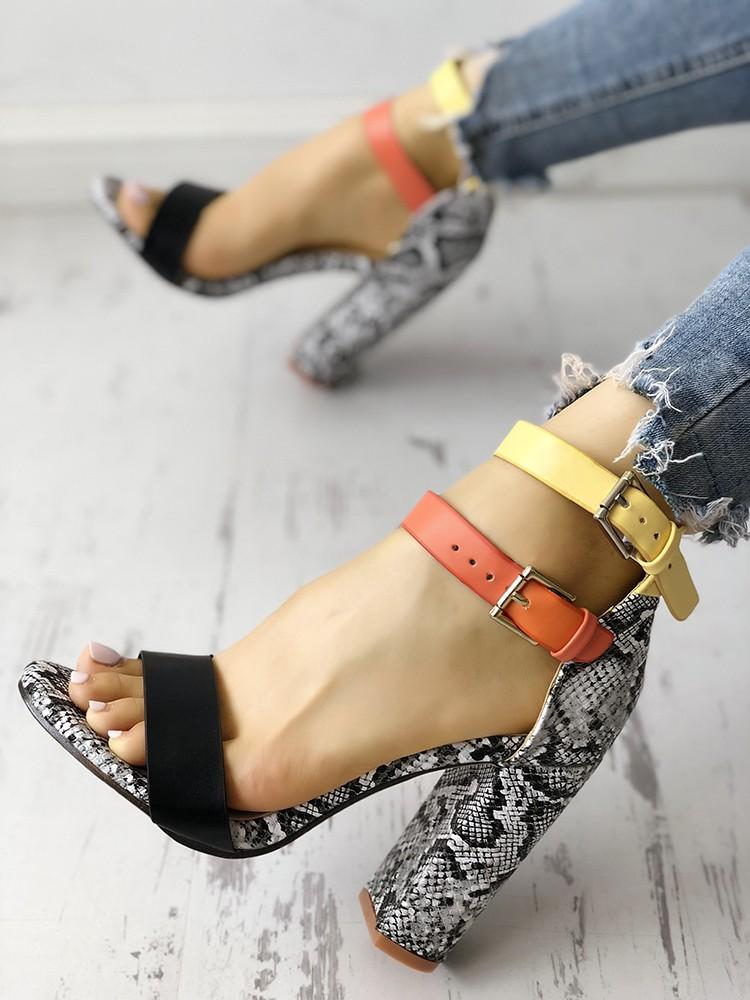 Contrast Color Snakeskin Buckled Chunky Heeled Sandals - DadHats2ow6ix