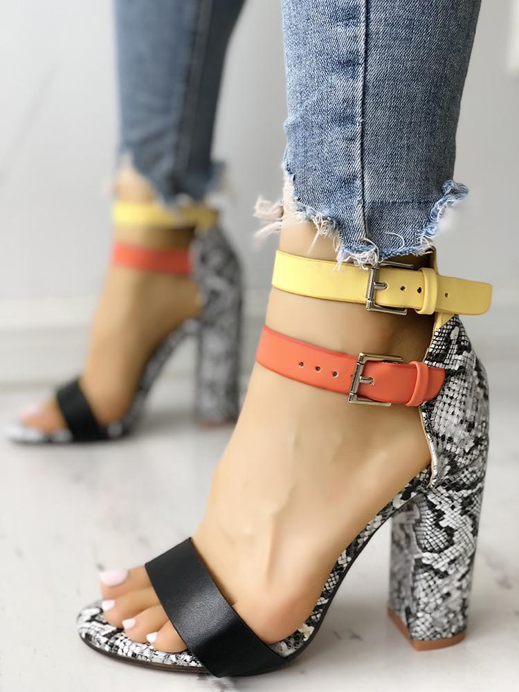 Contrast Color Snakeskin Buckled Chunky Heeled Sandals - DadHats2ow6ix