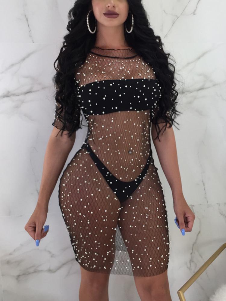 Shiny Embellished Sheer Mesh Dress With Bikini - DadHats2ow6ix