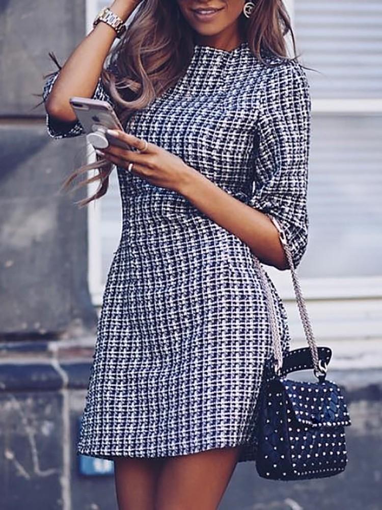 Houndstooth Half Sleeve Tweed Shift Dress - DadHats2ow6ix