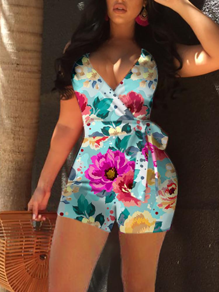 Floral Print Wrapped Belted Sleeveless Romper - DadHats2ow6ix