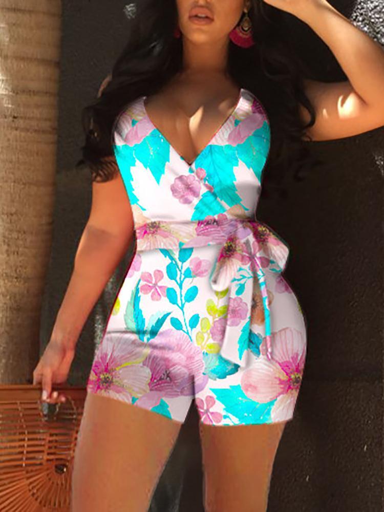 Floral Print Wrapped Belted Sleeveless Romper - DadHats2ow6ix