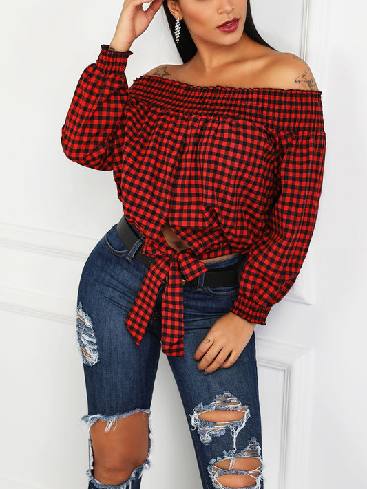 Gingham Print Lantern Sleeve Bowknot Back Blouse - DadHats2ow6ix