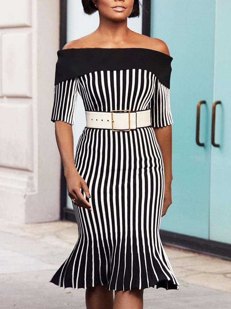 Off Shoulder Striped Fishtail Hem Bodycon Dress - DadHats2ow6ix