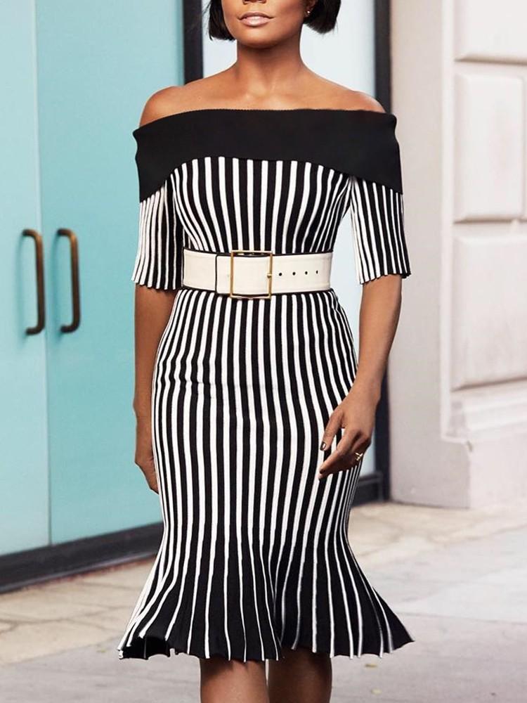 Off Shoulder Striped Fishtail Hem Bodycon Dress - DadHats2ow6ix