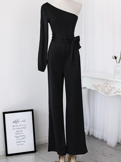 Stylish One Shoulder Slit Sleeve Black Jumpsuit - DadHats2ow6ix