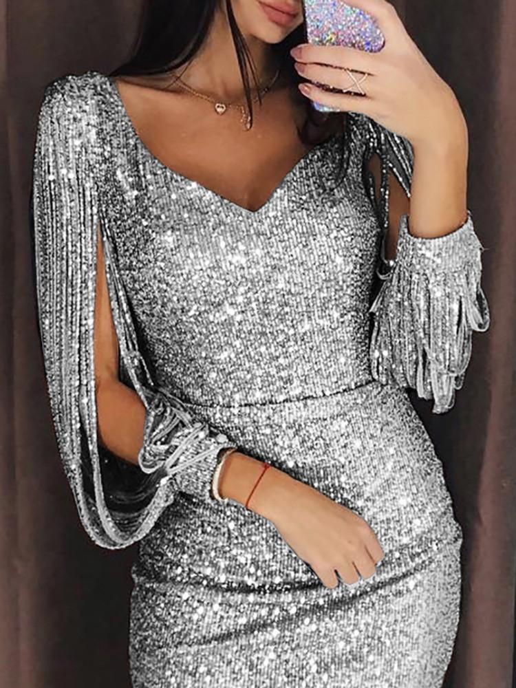 Tassels Detail Slit Sleeve Sequin Party Dress - DadHats2ow6ix