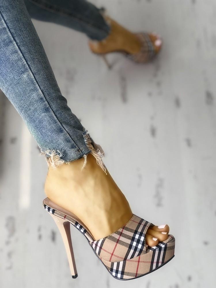 Plaid Print Single Strap Platform Thin Heeled Sandals - DadHats2ow6ix