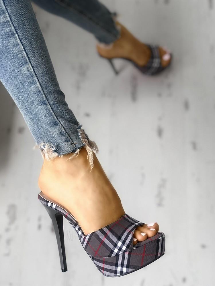 Plaid Print Single Strap Platform Thin Heeled Sandals - DadHats2ow6ix