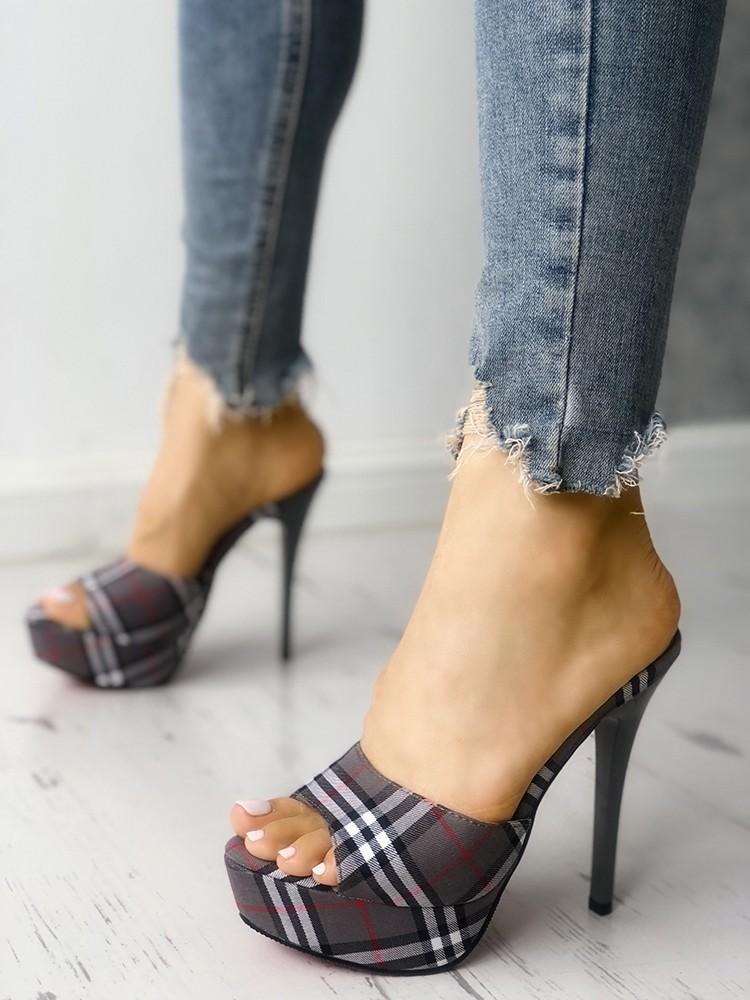 Plaid Print Single Strap Platform Thin Heeled Sandals - DadHats2ow6ix