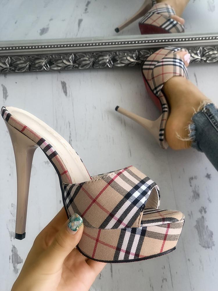 Plaid Print Single Strap Platform Thin Heeled Sandals - DadHats2ow6ix