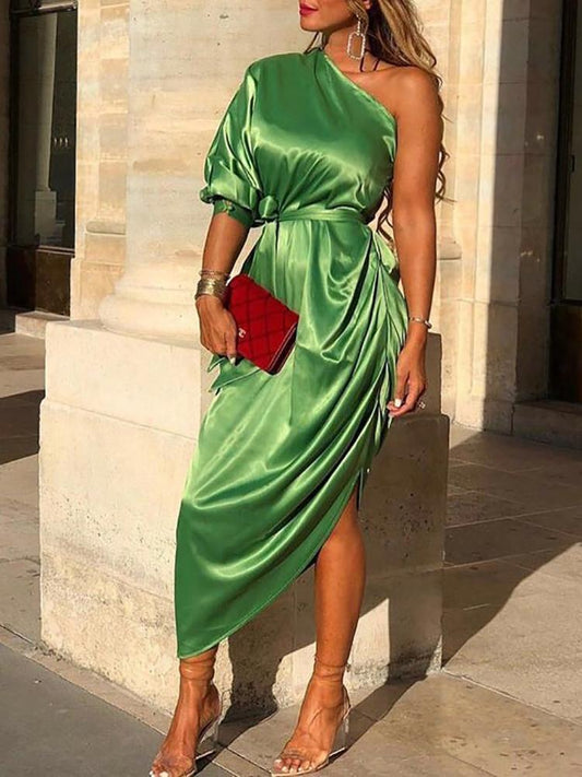 Satin One Shoulder Ruched Belted Irregular Dress - DadHats2ow6ix