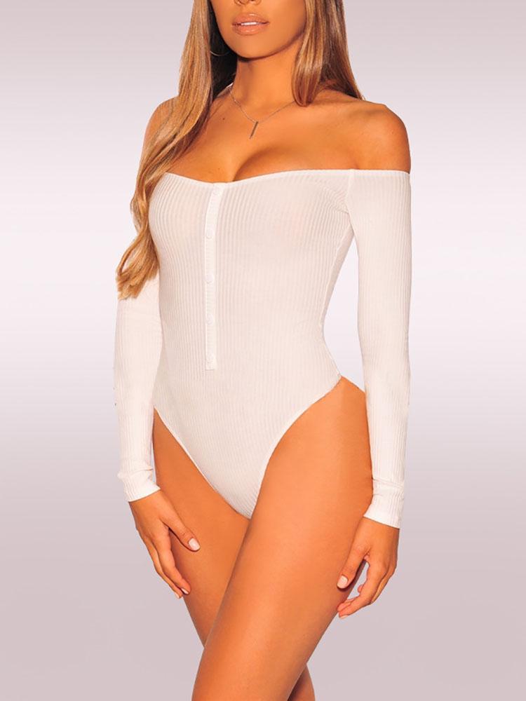 Off Shoulder Rib Button Detail Bodysuit - DadHats2ow6ix