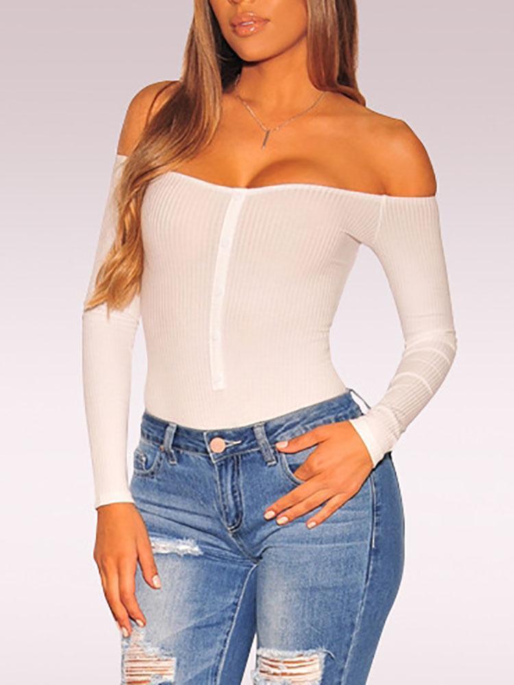 Off Shoulder Rib Button Detail Bodysuit - DadHats2ow6ix